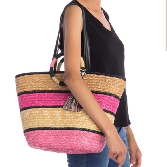Rebecca Minkoff Striped Pink Black Woven Straw Tote With Shoulder